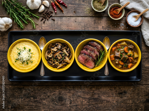 Four yellow bowls of different foods on a long black plate on wooden table