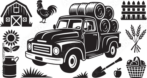 Farm, truck, hay, icons, black, vector, agriculture, farming, illustration