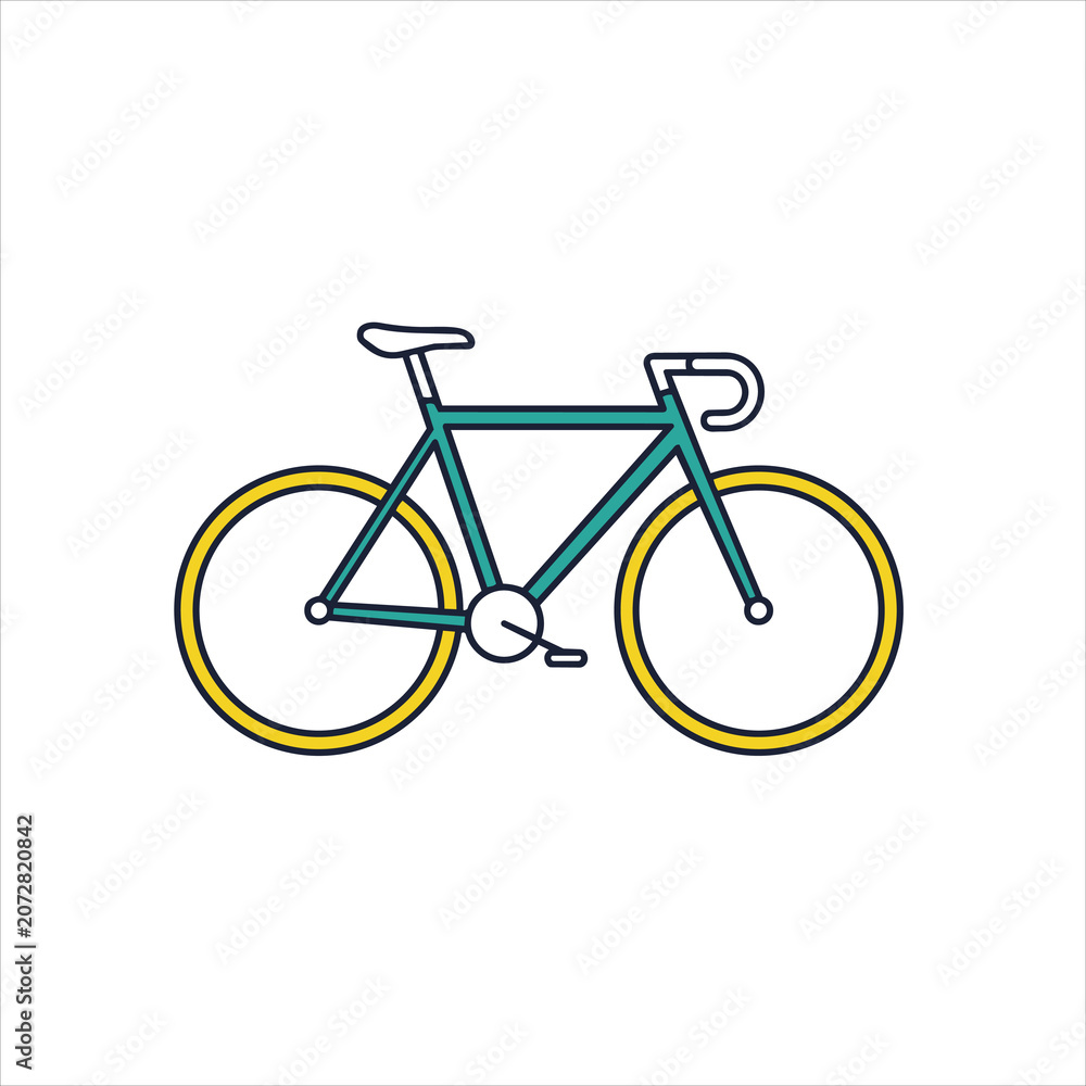 Obraz premium Minimalist road bike vector illustration, teal racing bicycle with yellow wheels, modern cycling icon for sports and fitness branding isolated on Transparent Background
