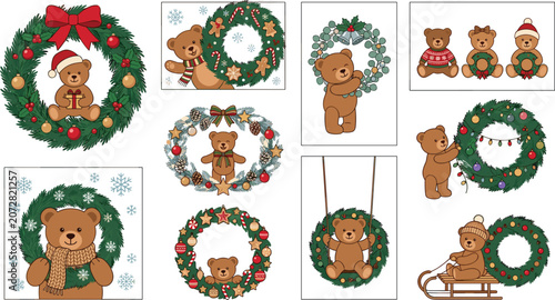 Christmas wreath and frame vector illustration set featuring cute teddy bear characters with santa hats winter scarves bells and festive holiday ornaments (23 words)