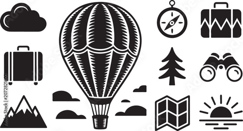 Vintage Travel Icons, Hot Air Balloon, Adventure Symbols, Black Vector Illustrations