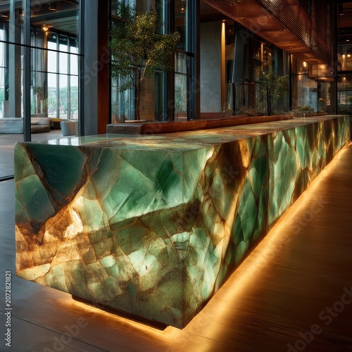 green onyx interior featuring backlit reception desk with glowing translucent stone, warm amber underlighting, natural veining patterns, minimalist luxury design, angled perspective view