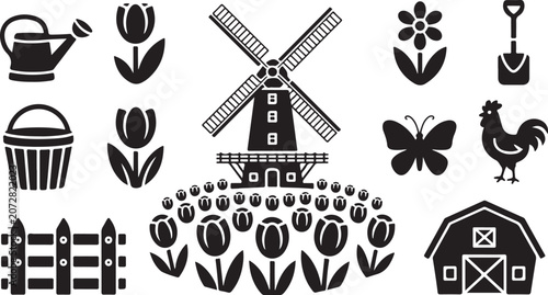 Garden icons, black vector set, farm and flower symbols, gardening tools