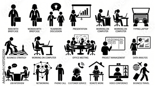 Office Teamwork, Brainstorming and Data Analysis Icons for Corporate Design
