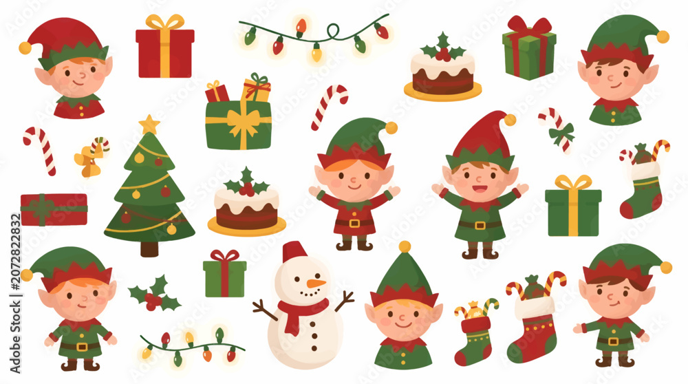 Naklejka premium Cute Flat Christmas Elves Collection with Festive Elements, Including Snowman, Gift Boxes, Candy Canes, Decorated Tree, and Holiday Cakes, Vector Illustration