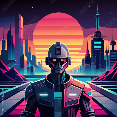 Retro Futuristic Cyborg in Cyberpunk City, generative AI. 