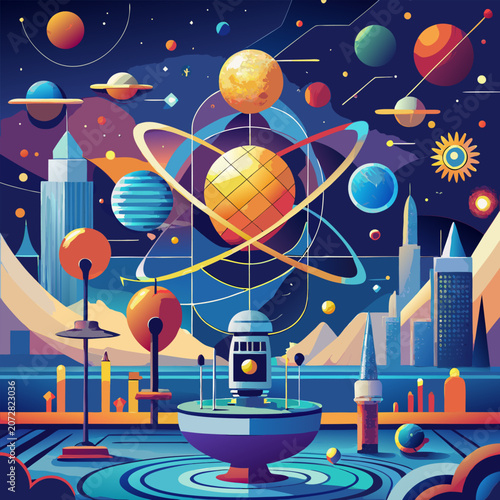 Retro Futuristic Space City and Atom Concept, generative AI.