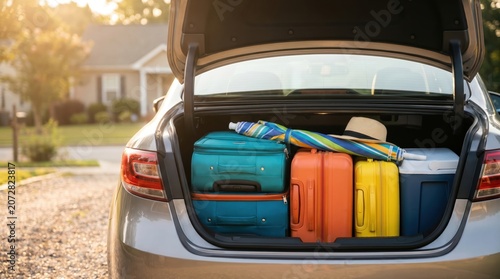 Car trunk filled with colorful luggage and cooler ready for summer vacation road trip.