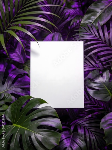 Tropical leaves with white paper