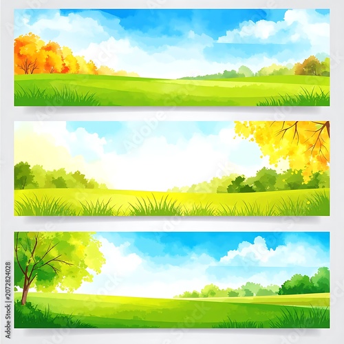 Serene landscape with green fields trees.