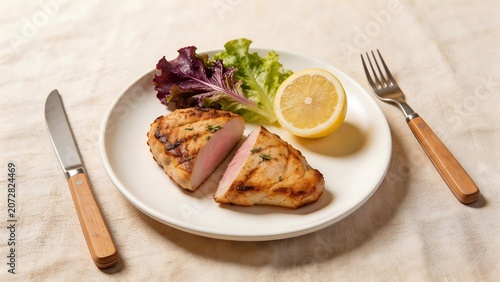 Grilled chicken breast with lemon and lettuce