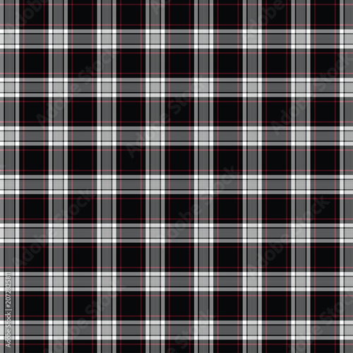 Seamless black and grey plaid pattern background with thin red accent lines. Classic dark checkered tartan vector texture for gothic fashion, flannel shirts, winter textiles, and wrapping paper.