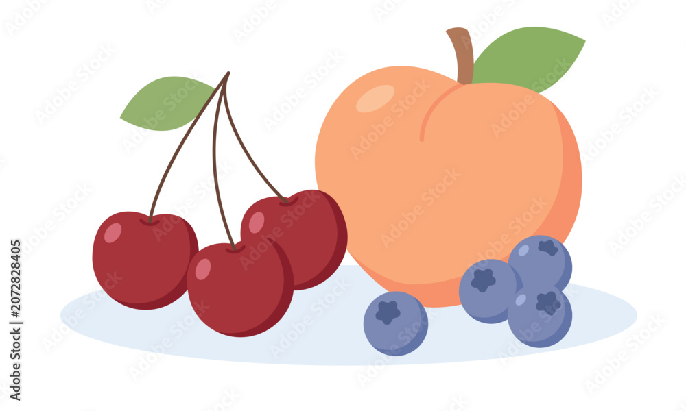 Obraz premium Fresh organic fruits and berries mix vector illustration. Flat cartoon peach, cherry, and blueberry harvest, healthy vegetarian food isolated design element