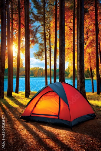 Rustic outdoor retreat featuring a red tent by calm water, surrounded by rich autumn colors and distant scenic hills.