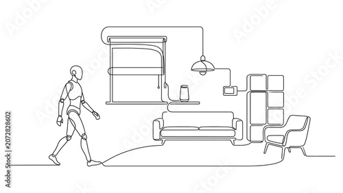 Continuous one line drawing of a humanoid robot walking in a modern living room