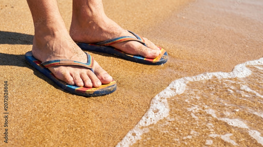 Naklejka premium Feet in flip-flops standing on a sandy beach next to ocean waves.