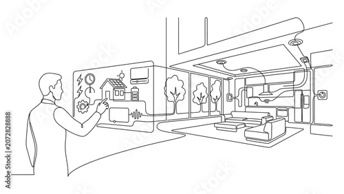 A line art illustration of a person managing smart home systems