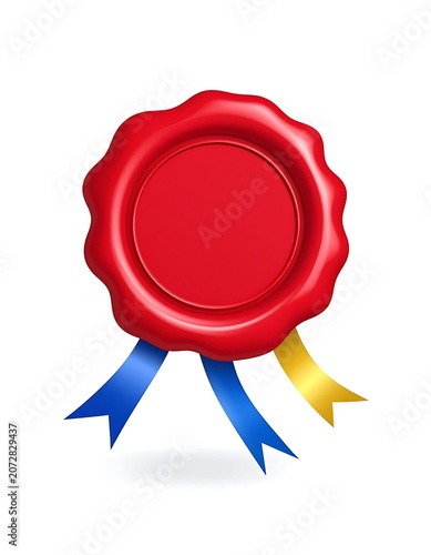 Red wax seal with blue and yellow ribbons.