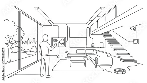 A line art illustration of a person controlling a smart home system in a modern living room