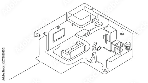 Isometric line art illustration of a person controlling a smart home