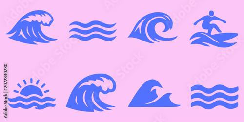 beach icons set with palm trees, surfboards, and beach chairs, minimalist summer design elements with bold lines.