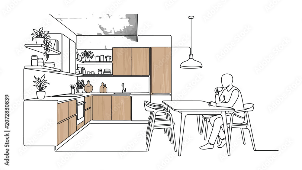 Fototapeta premium A line drawing sketch of a person drinking coffee in a modern kitchen