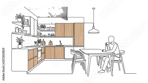 A line drawing sketch of a person drinking coffee in a modern kitchen