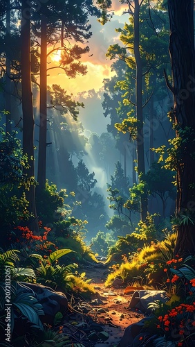 Serene forest landscape with sunlight filtering.