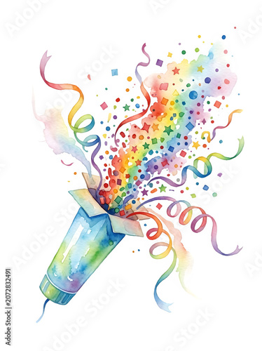 Watercolor party popper with colorful confetti and streamers isolated on transparent background