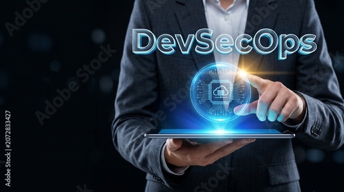 A professional holding a mobile terminal projecting a central holographic microchip and DevSecOps text for secure cloud security and DevSecOps