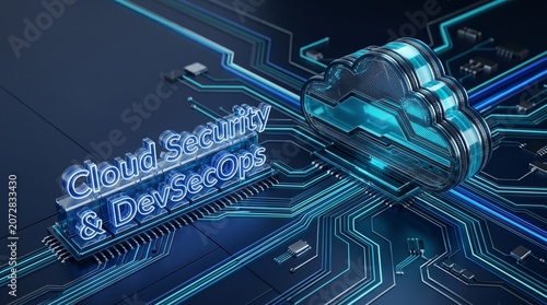 A volumetric 3d cloud icon and fiber optic data pathways with glassmorphic typography for enterprise cloud security and DevSecOps systems