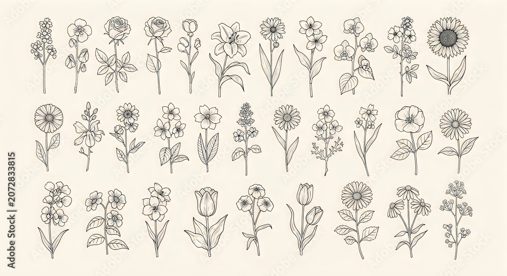 Fototapeta premium Floral illustrations, hand-drawn flowers, botanical sketches, 25 flower designs floral
