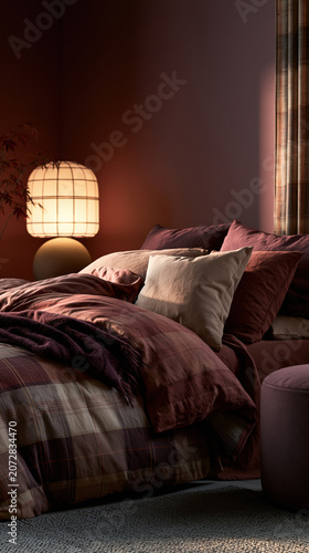 Cozy autumn bedroom with layered plaid bedding and lamp