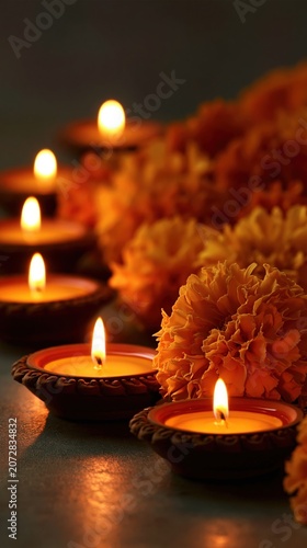 Lit oil lamps and marigold flowers in a row