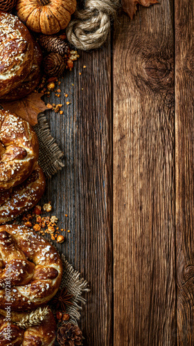 Soft pretzels with autumn decorations on wood
