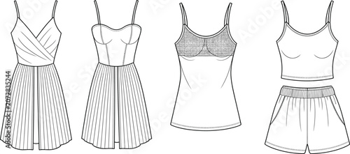 Fotografie Women dresses camisole and shorts fashion technical sketches set