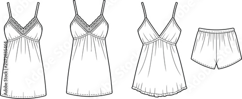 Tableau sur toile Women nightwear and slip dress technical fashion sketches set