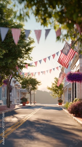 Small town main street with american flags and bunting for fourth of july banner and background patriotic celebration