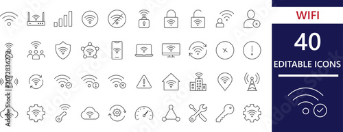 WiFi outline icon set featuring wi-fi 7 technology, connections, broadband, signals, internet, router, wireless, and telecom ui.