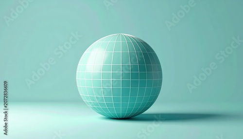Textured light blue geometric sphere on flat surface.