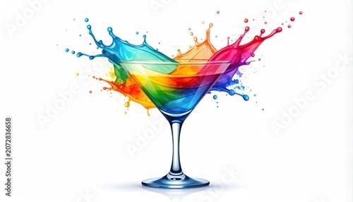 Vibrant rainbow liquid splash in a martini glass.