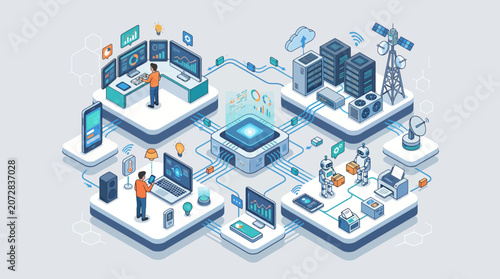 Isometric IoT Network Platform with Connected Devices Tablet Laptop Sensor and Data Exchange System