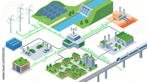 Isometric Clean Energy City with Wind Turbines Hydropower Solar Panels Train and Residential Urban Grid
