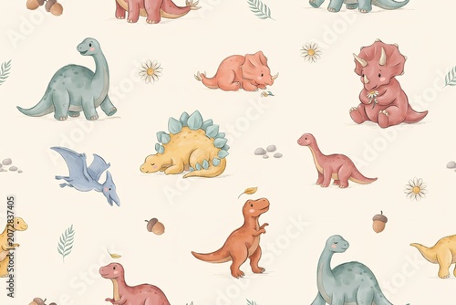 Seamless pattern featuring cute hand-drawn dinosaurs including triceratops, t-rex, sauropods, and pterodactyls on a light beige background, for kids