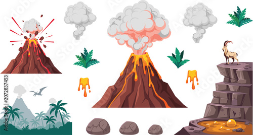 Schilderij op canvas Prehistoric Volcano Eruption Asset Set with Active Lava Flow Exploding Mountain