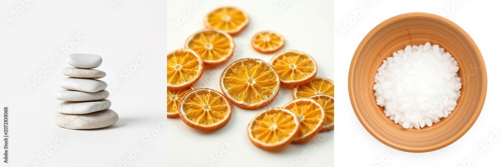 Fototapeta premium Zen stones, orange slices, salt bowl. Minimalist composition, natural elements, wellness theme, bright colors, simple forms.