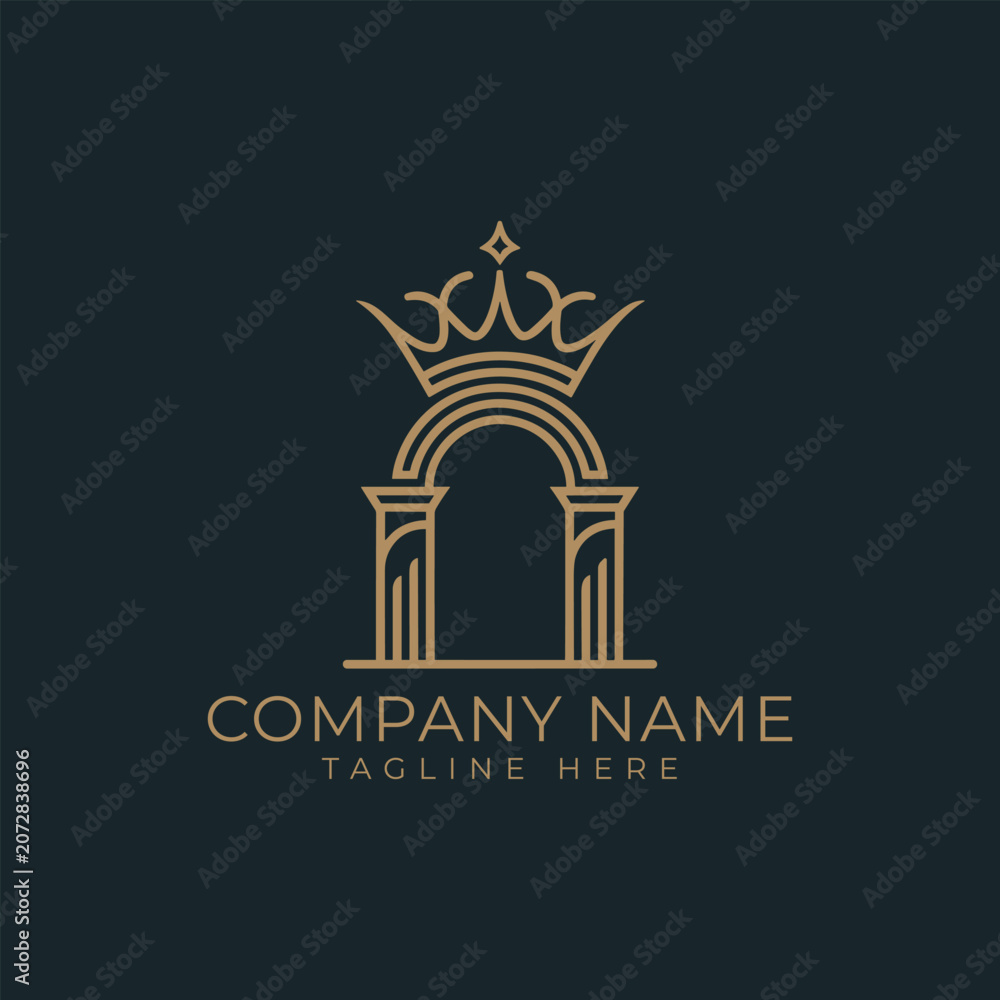 Obraz premium Elegant royal arch logo design with crown and pillars