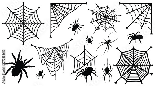  Halloween spider webs and spiders silhouette elements collection