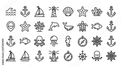 Ocean and Nautical Line Icons Collection with Marine Wildlife and Coastal Symbols