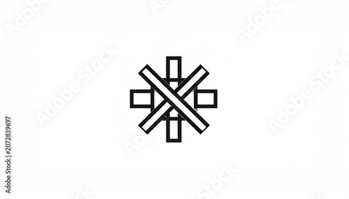 Abstract black geometric cross icon with intersecting lines.